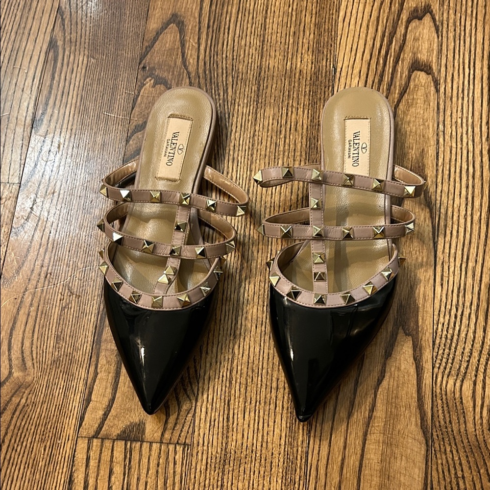 Valentino Black and Beige Studded Mules